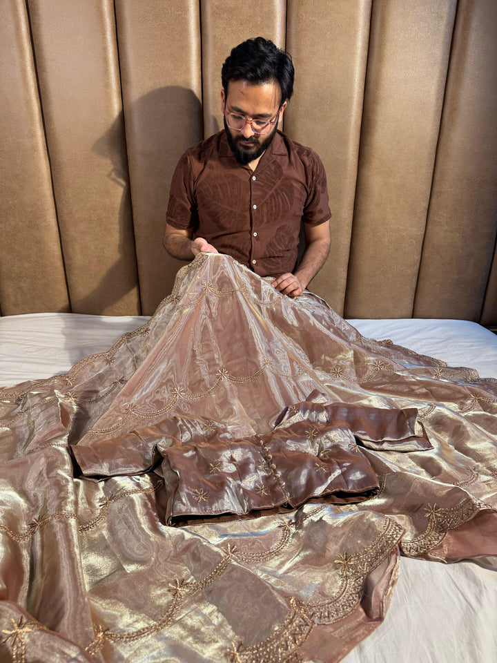 Mocha Moushe Shade Shimmery Tissue Silk Saree with Lace Work