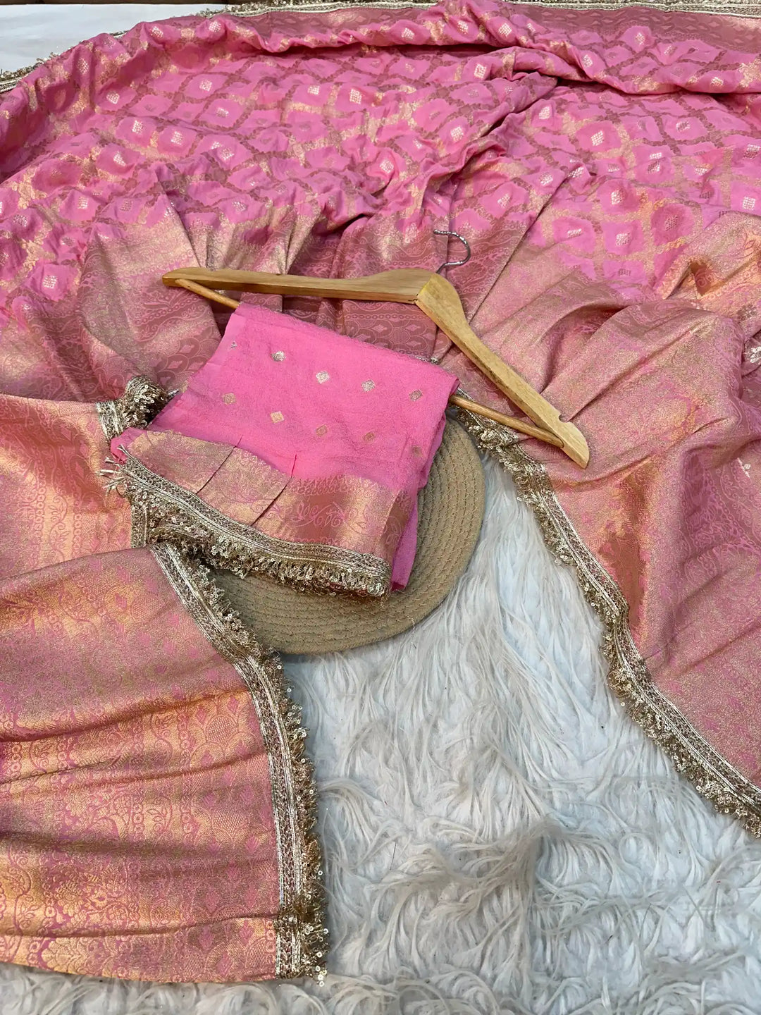 Baby Pink Chiniya Silk Lace Work Banarasi Saree