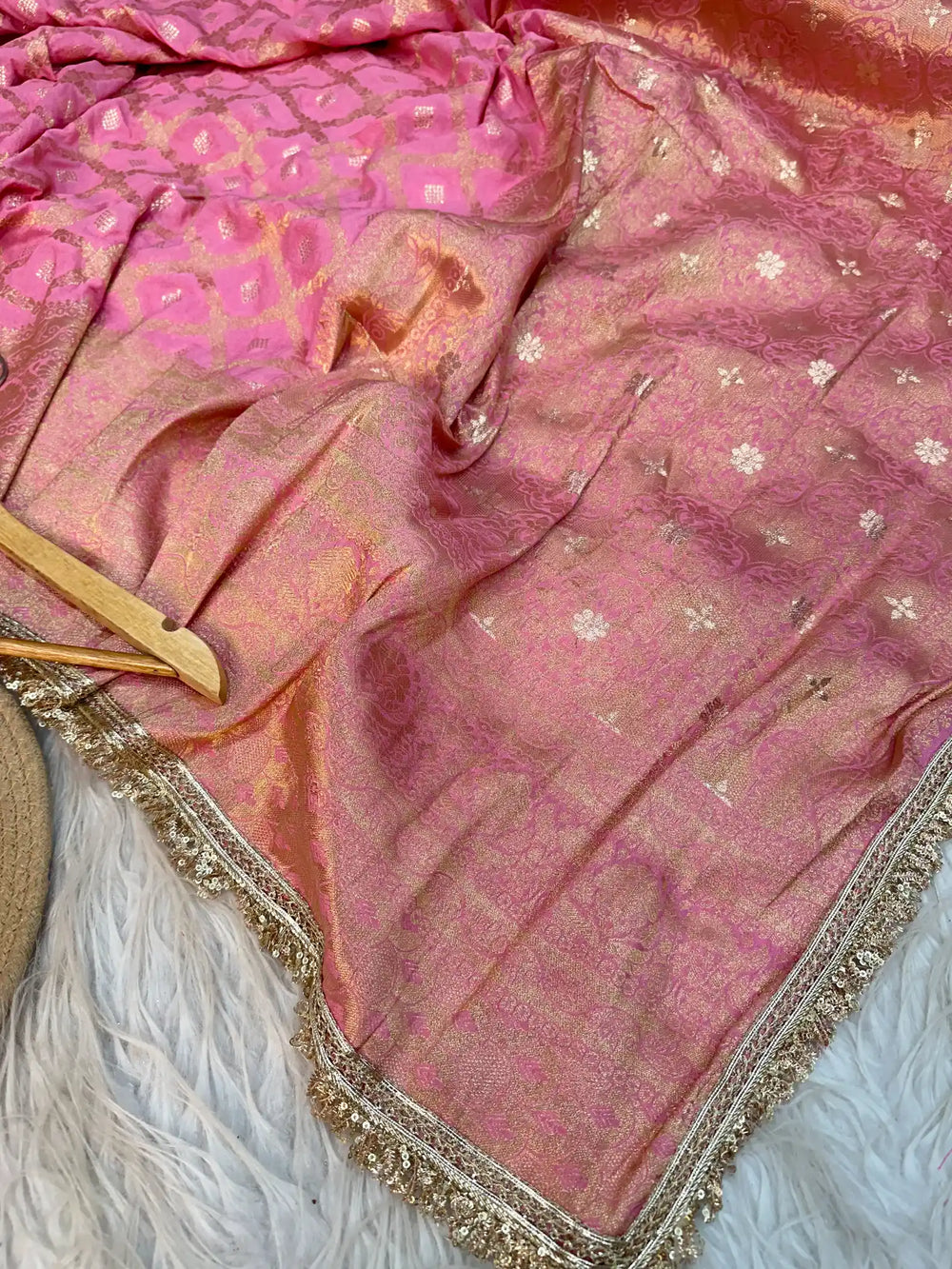 Baby Pink Chiniya Silk Lace Work Banarasi Saree