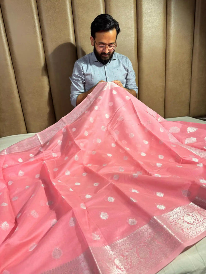 Baby Pink Colour Soft Silk Khaddi Buti Banarasi Saree