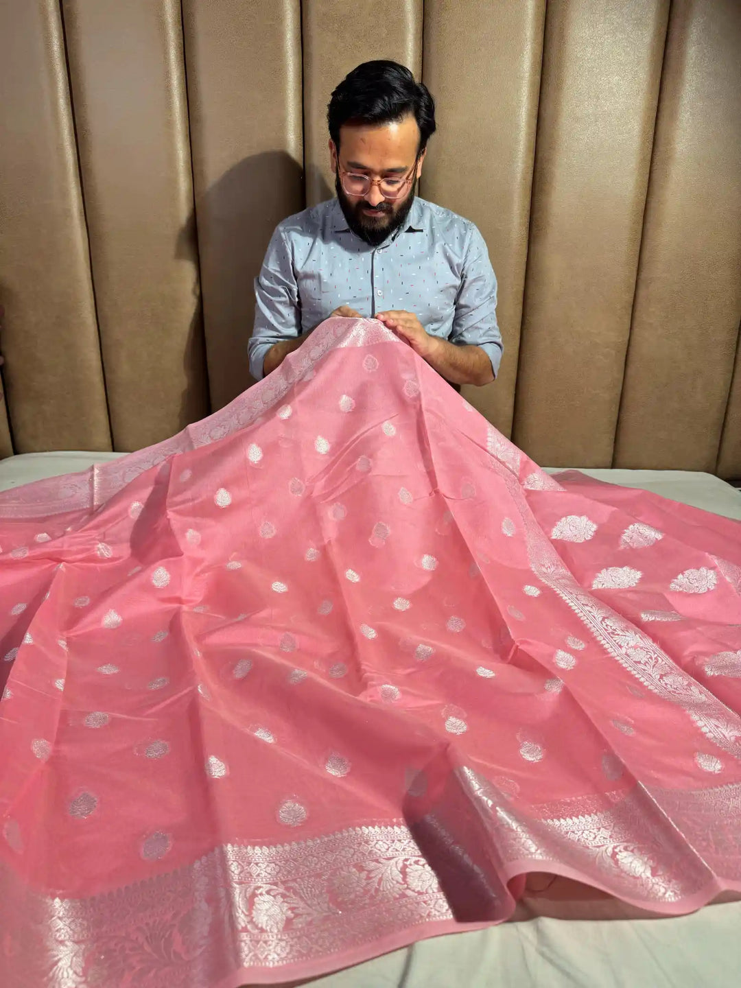 Baby Pink Colour Soft Silk Khaddi Buti Banarasi Saree