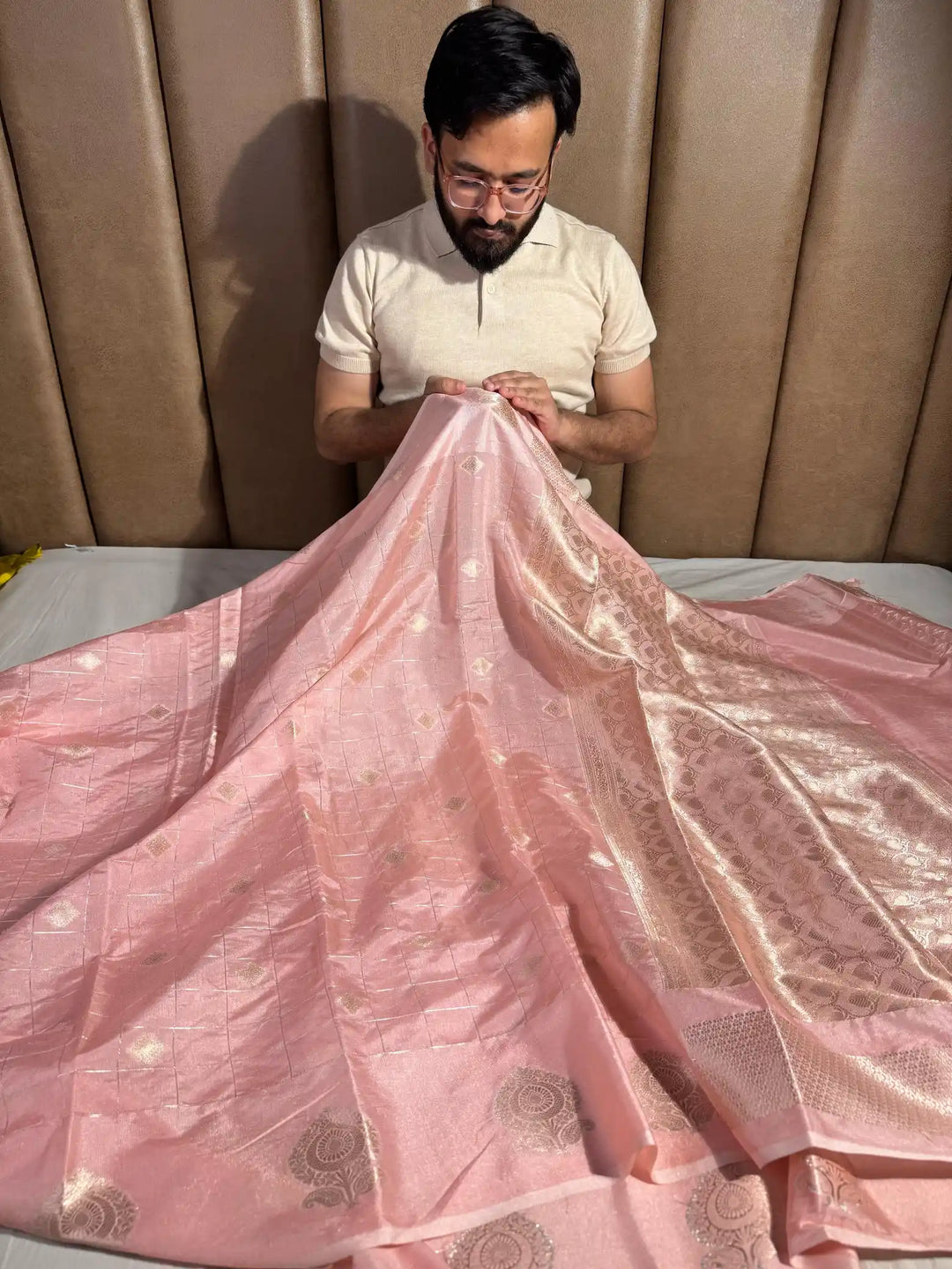 Baby Pink Premium Chiniya Silk Saree with Rich Pallu and Blouse