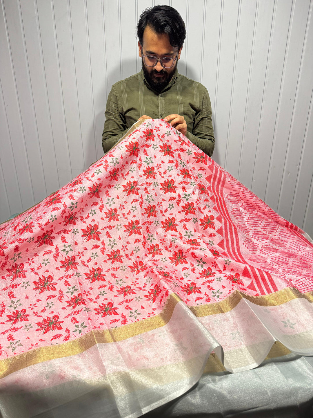 Pink kora muslin printed saree