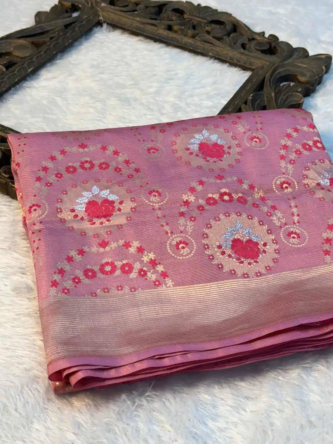 Baby Pink Pure Katan Silk Rose Boota Meenakari Banarasi Saree