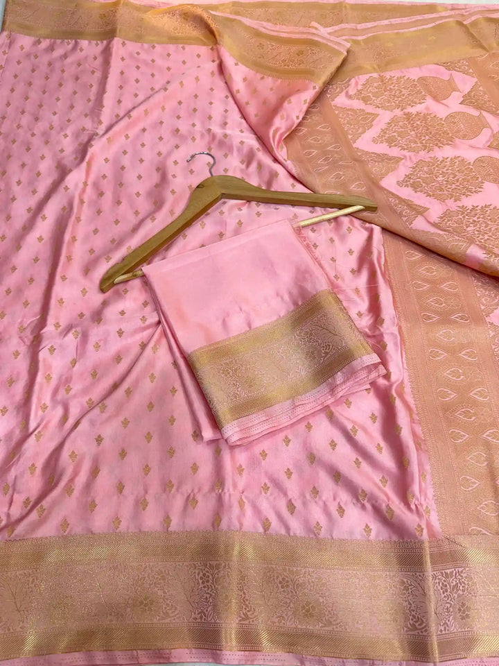 Baby Pink Satin Crepe Silk Zari Motifs Banarasi Saree