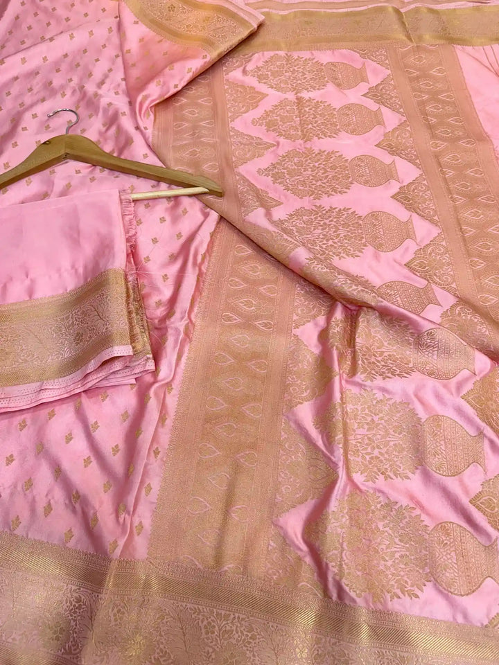 Baby Pink Satin Crepe Silk Zari Motifs Banarasi Saree