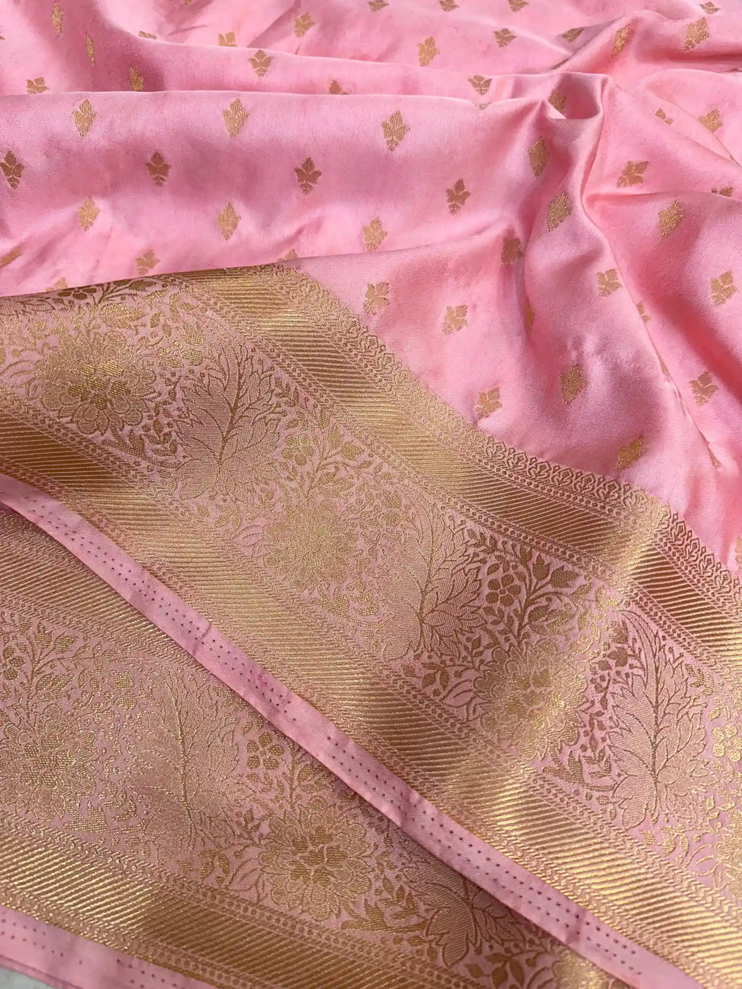 Baby Pink Satin Crepe Silk Zari Motifs Banarasi Saree