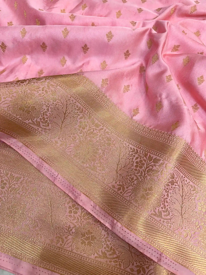 Baby Pink Satin Crepe Silk Zari Motifs Banarasi Saree