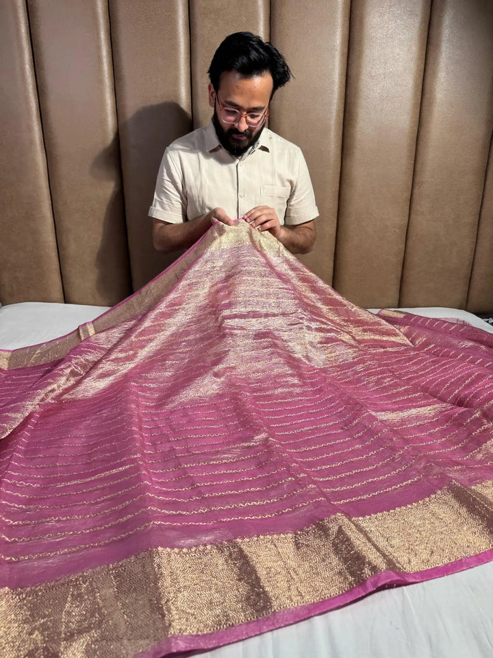 Banarasi Crush Tissue Silk Saree with Zari Pallu & Blouse