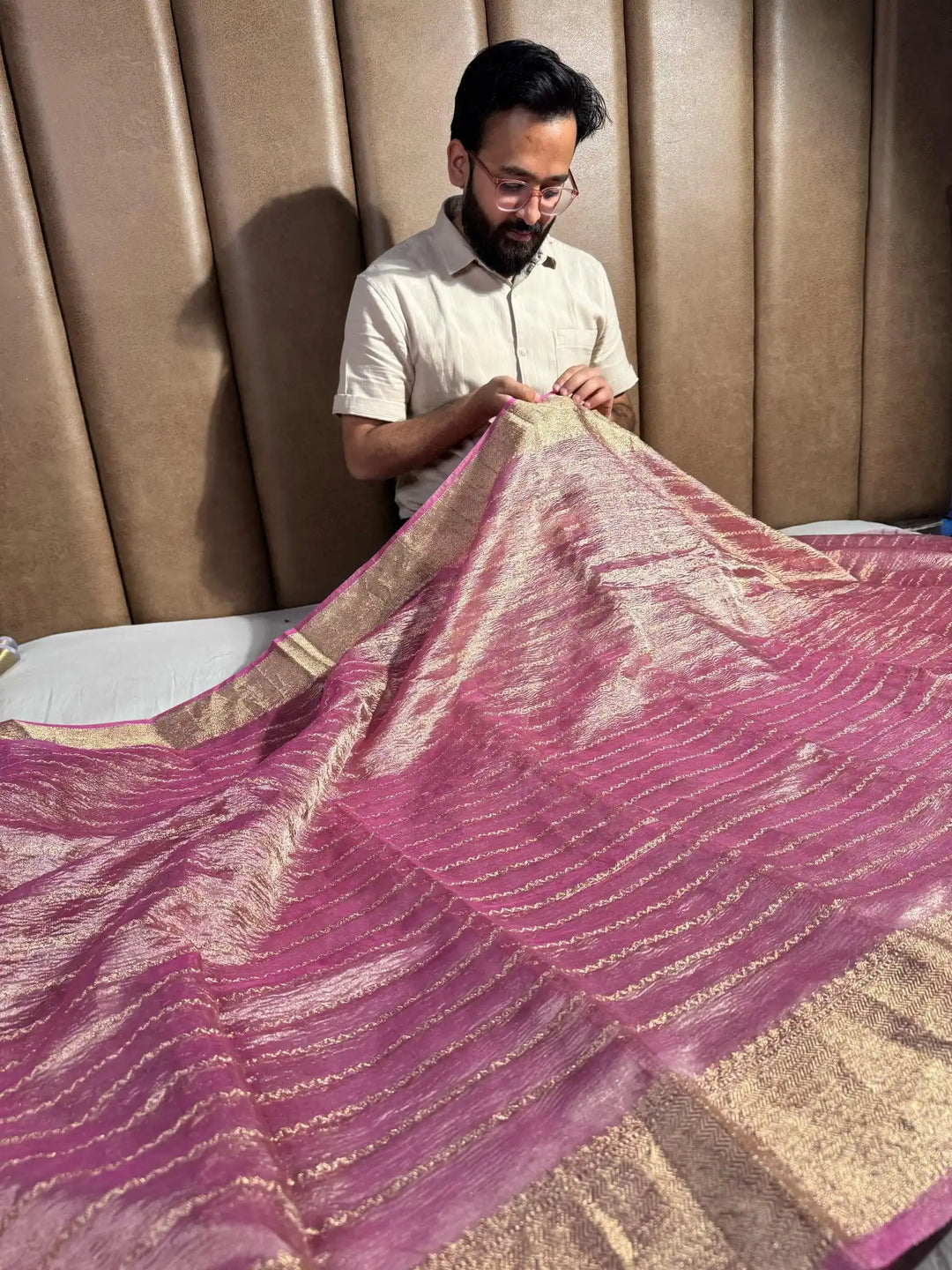 Banarasi Crush Tissue Silk Saree with Zari Pallu & Blouse