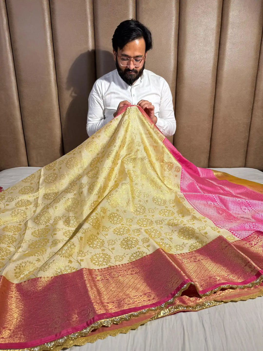 Banarasi Embossed Tissue Silk Saree with Heavy Jarkan Lace Work