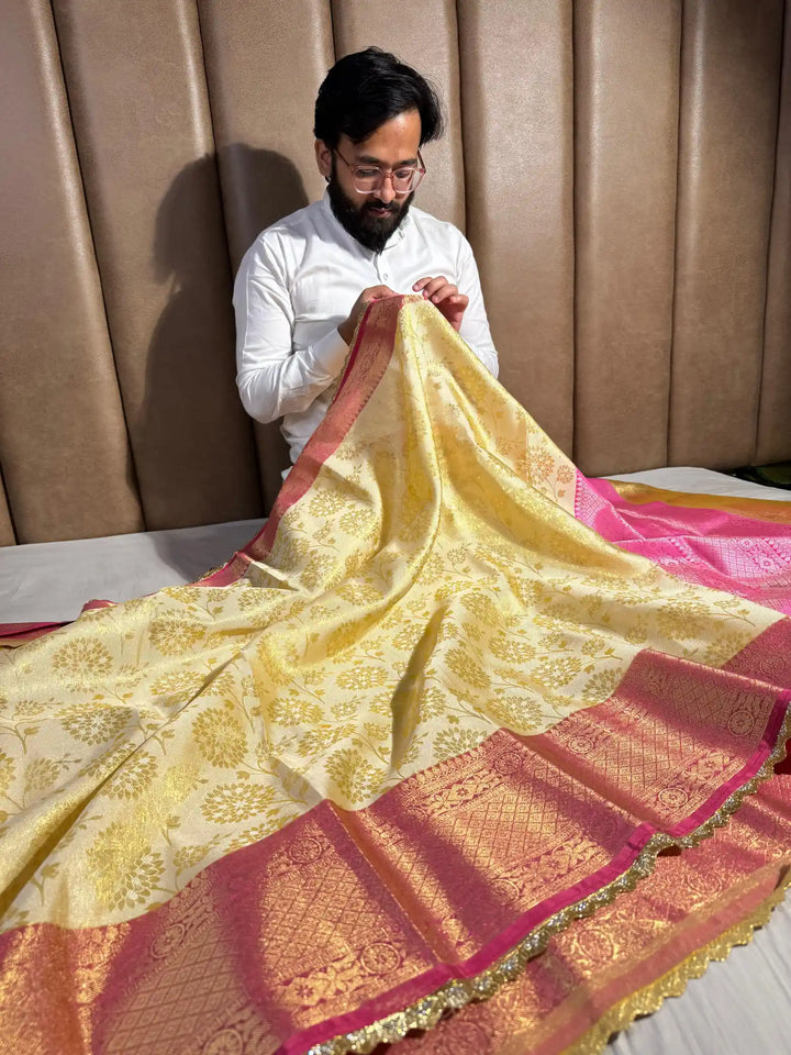 Banarasi Embossed Tissue Silk Saree with Heavy Jarkan Lace Work