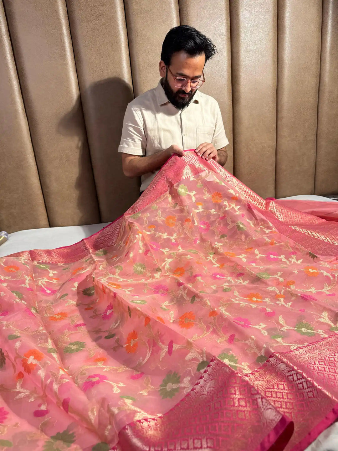 Banarasi Organza Silk Saree with Meenakari Jaal Work and Contrast Rich Pallu