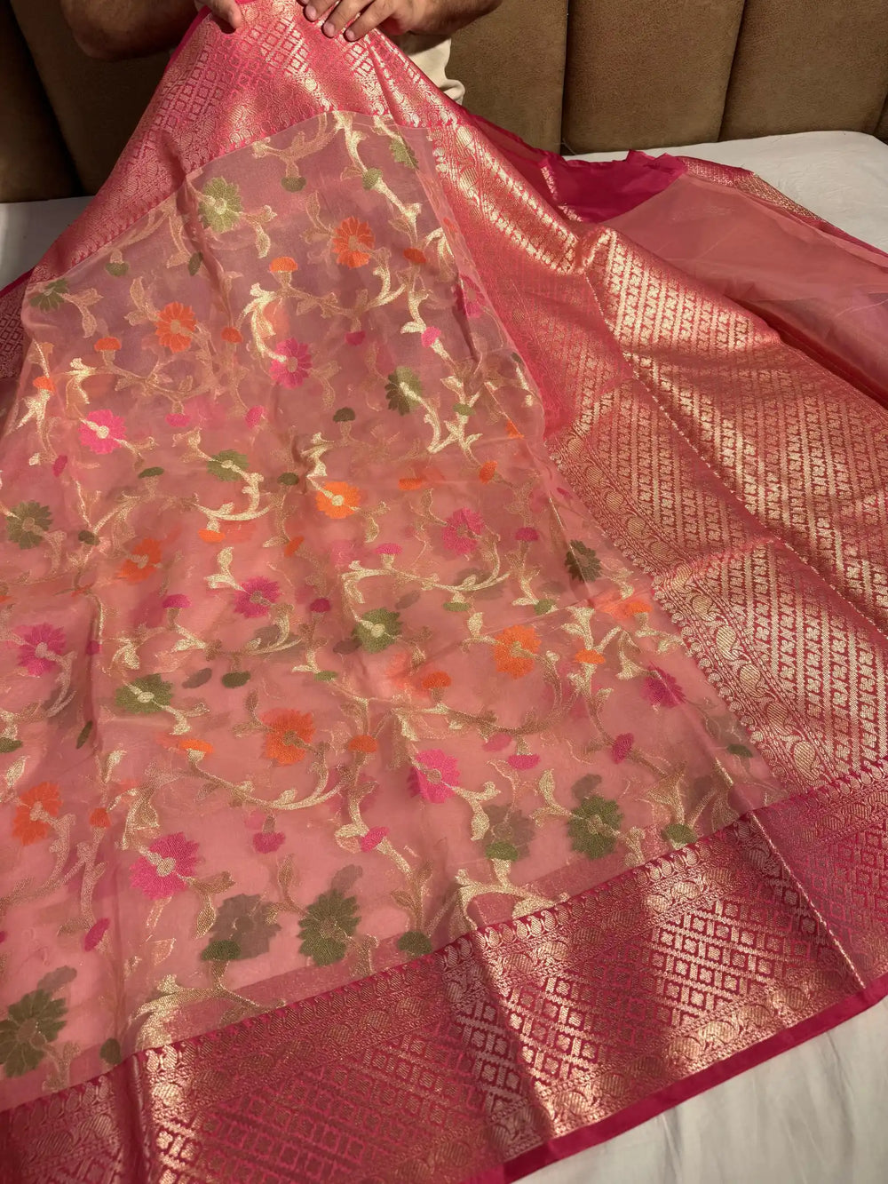 Banarasi Organza Silk Saree with Meenakari Jaal Work and Contrast Rich Pallu
