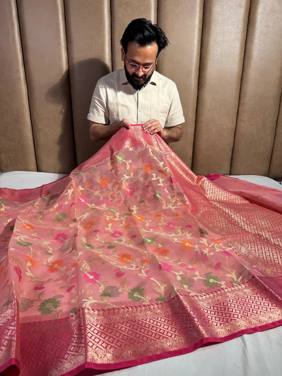 Banarasi Organza Silk Saree with Meenakari Jaal Work and Contrast Rich Pallu