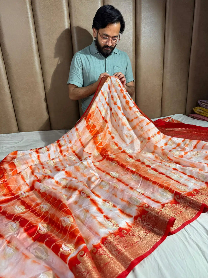 Bandhani Dye shade banarasi warm silk saree with exclusive heritage design pattern and rich pallu