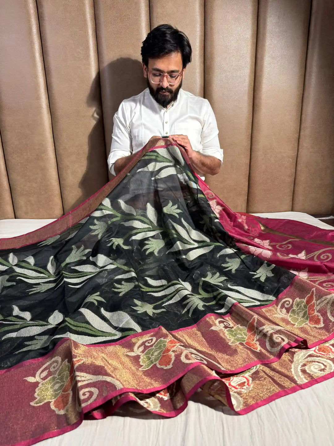 Black Cotton Pochampally Saree with Very Fine Quality Weaved Technique and Texture Zari Border