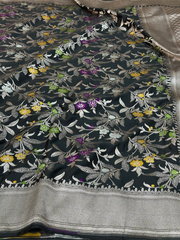 Black Mashru Katan Silk Meenakari Intricate Weave Banarasi Saree