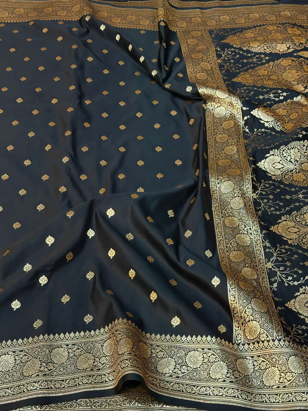 Black Satin Silk Saree with Buta Dots Design and Classical Pallu
