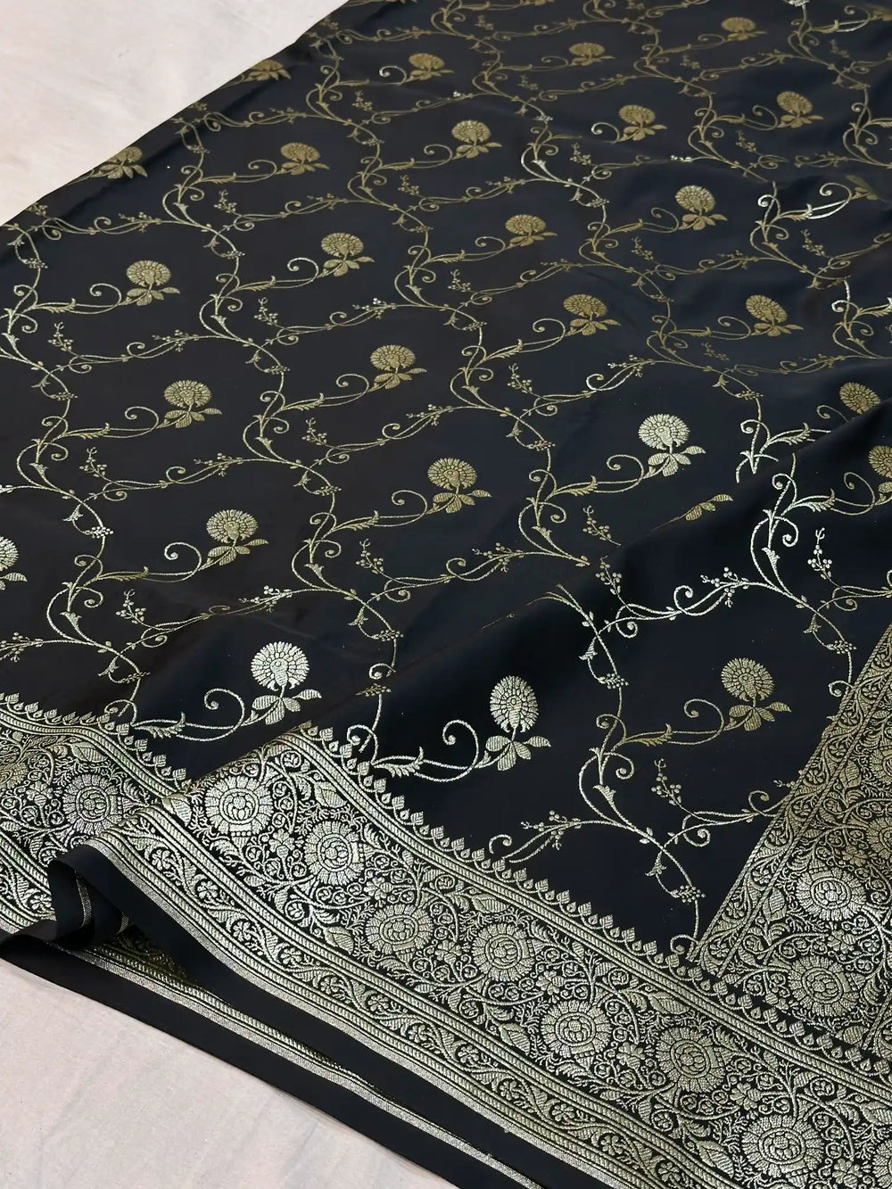 Black Satin Silk Saree with Rich Texture Design and Classical Pallu