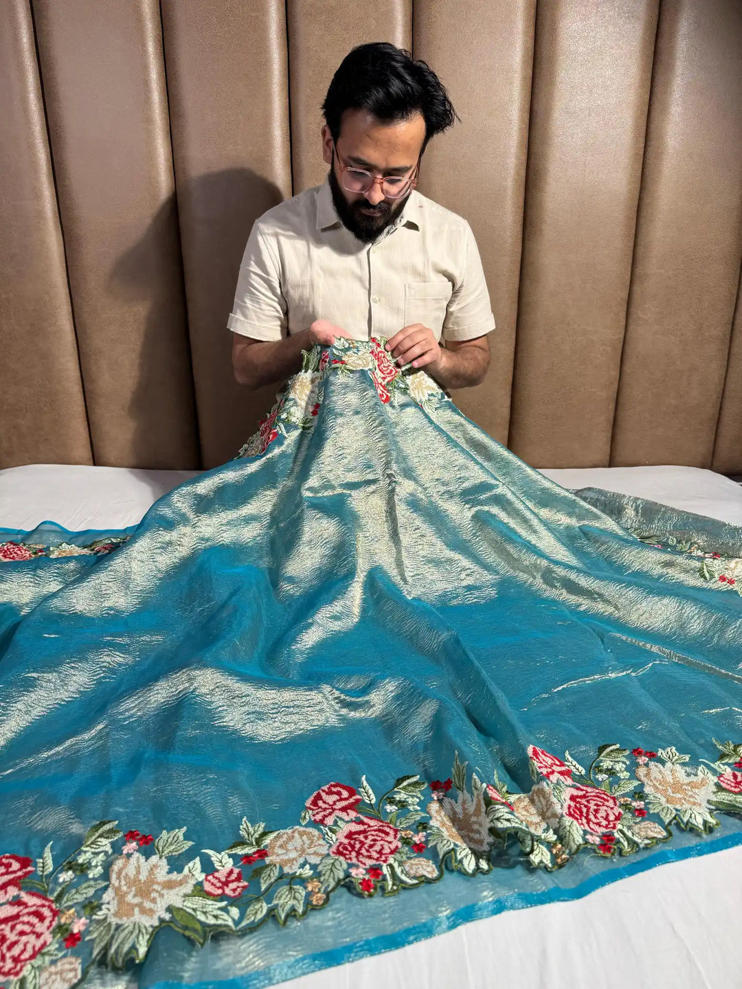 Blue Colour Crochet work exclusive tissue silk saree