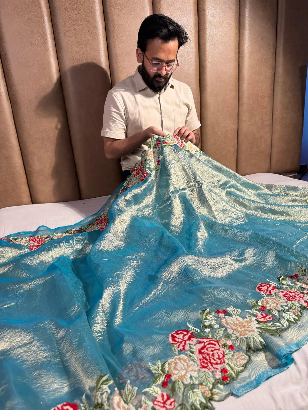 Blue Colour Crochet work exclusive tissue silk saree