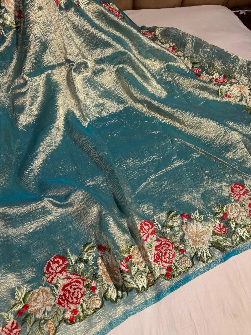 Blue Colour Crochet work exclusive tissue silk saree