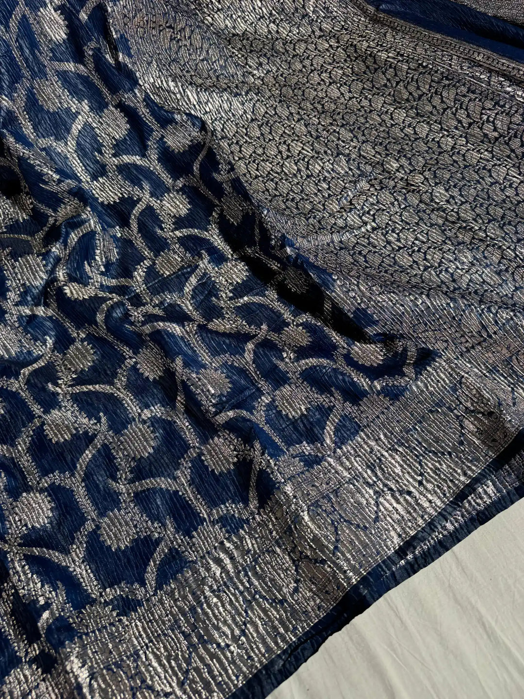 Blue Pashmina silk saree with vertical crush pattern and rich pallu