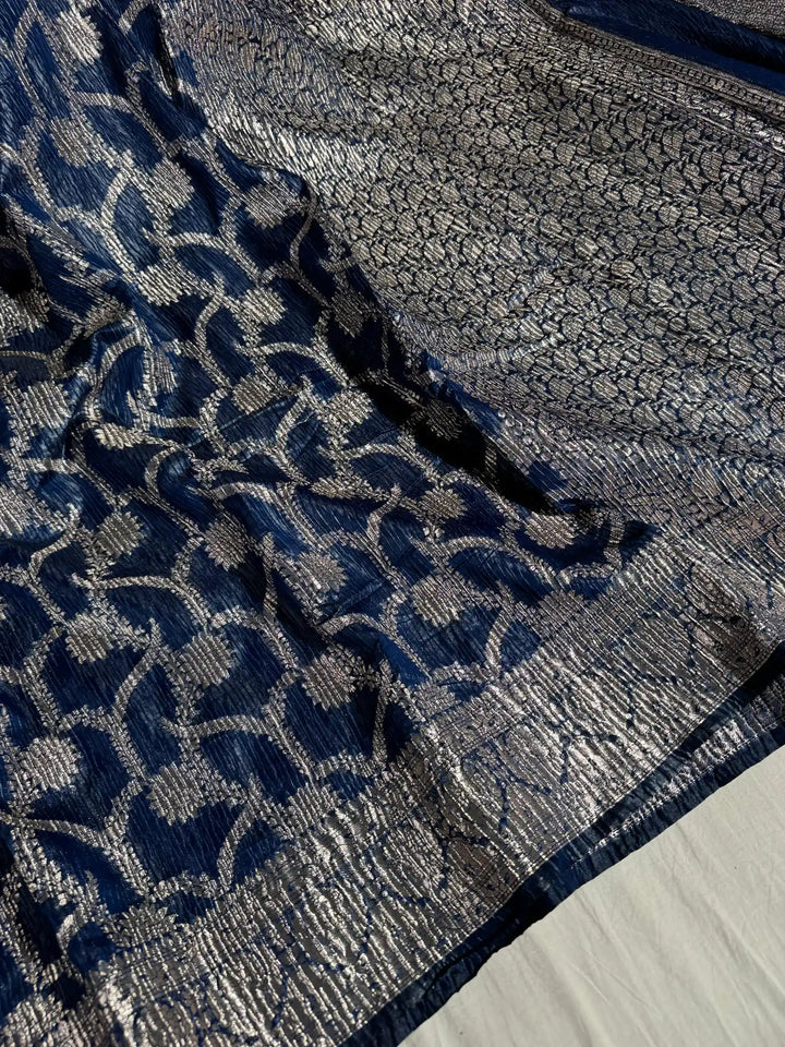 Blue Pashmina silk saree with vertical crush pattern and rich pallu