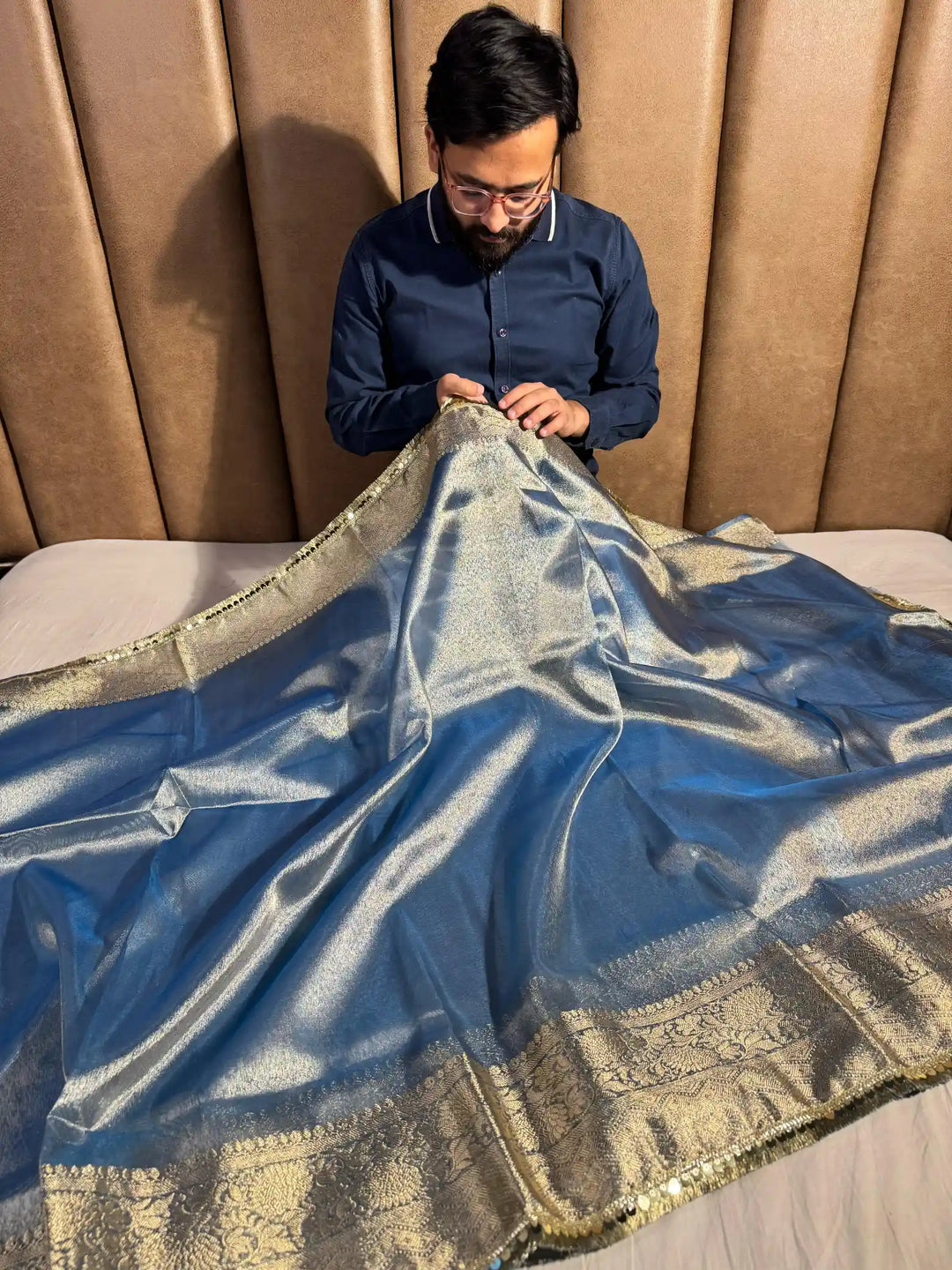 Blue Tissue Silk Saree with Lace Work