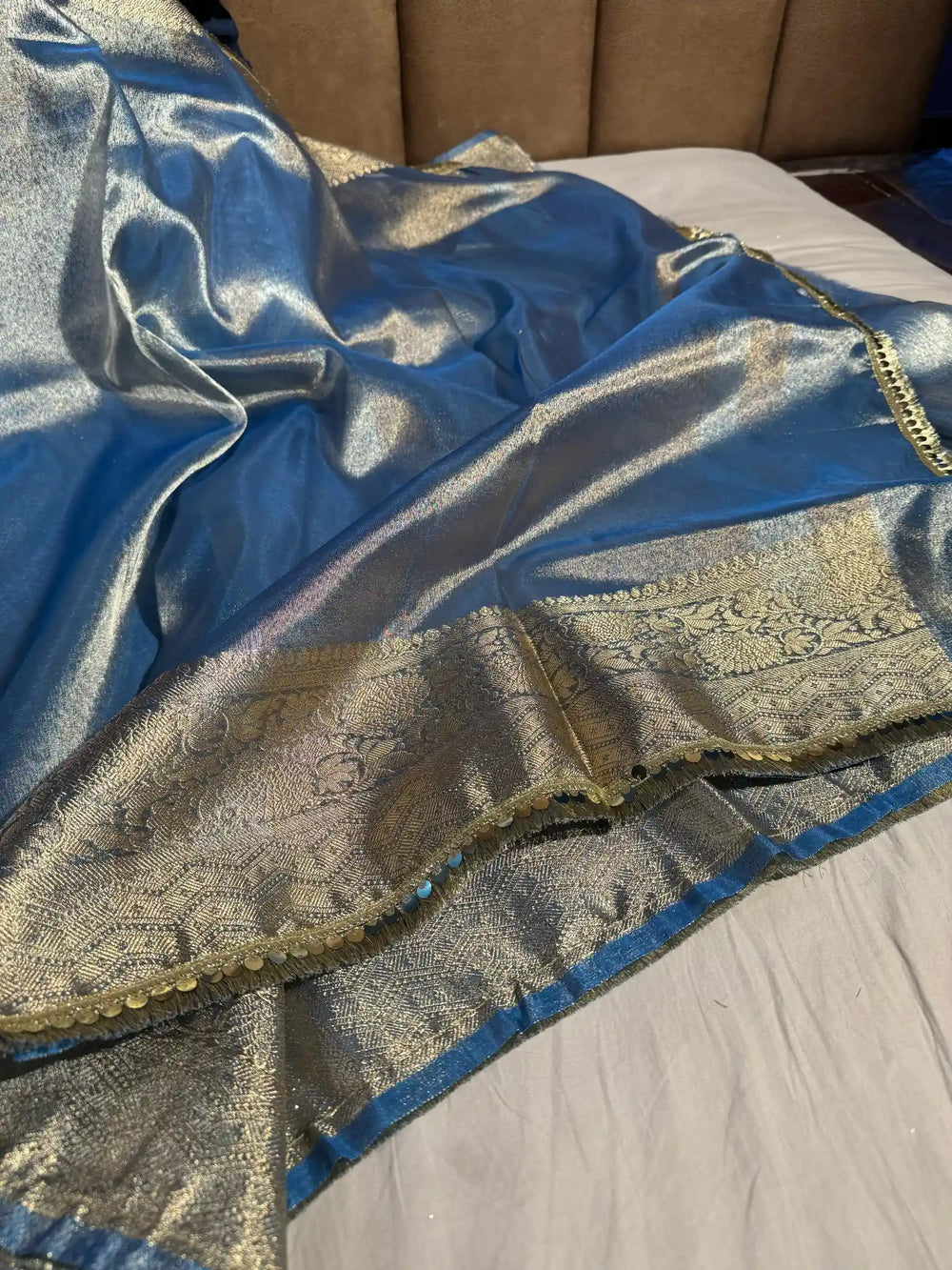 Blue Tissue Silk Saree with Lace Work