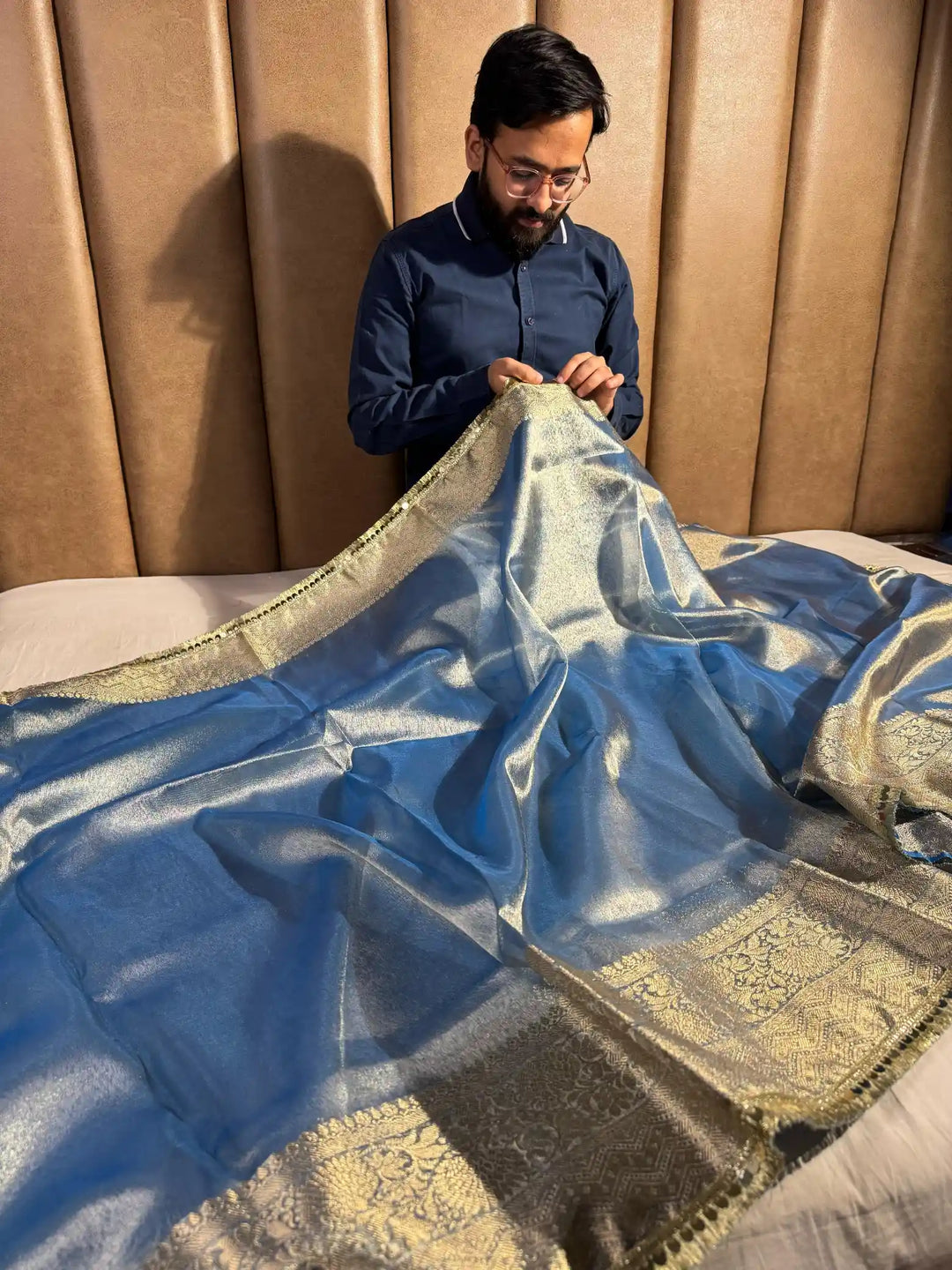 Blue Tissue Silk Saree with Lace Work