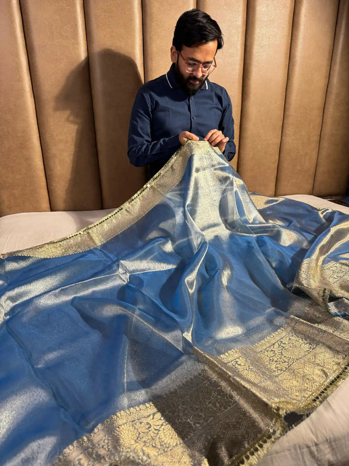 Blue Tissue Silk Saree with Lace Work