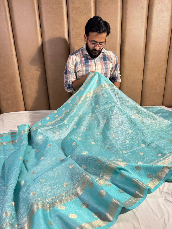 Blue Celebrity Inspired Tissue Silk Buti Banarasi Saree