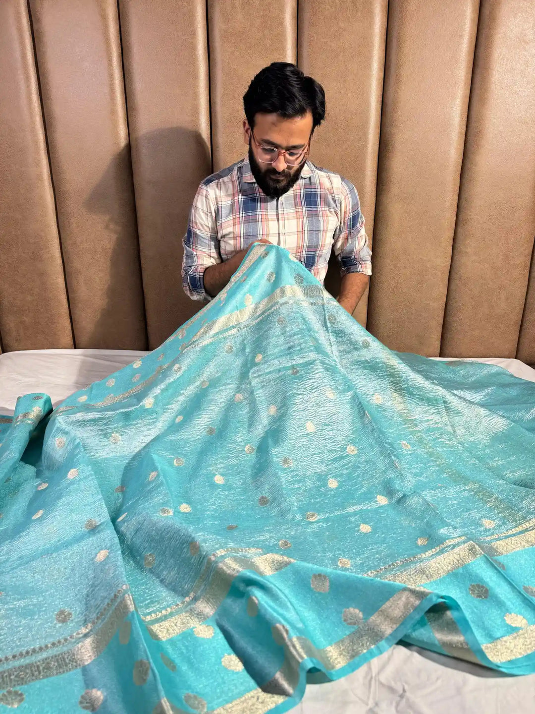 Blue Celebrity Inspired Tissue Silk Buti Banarasi Saree