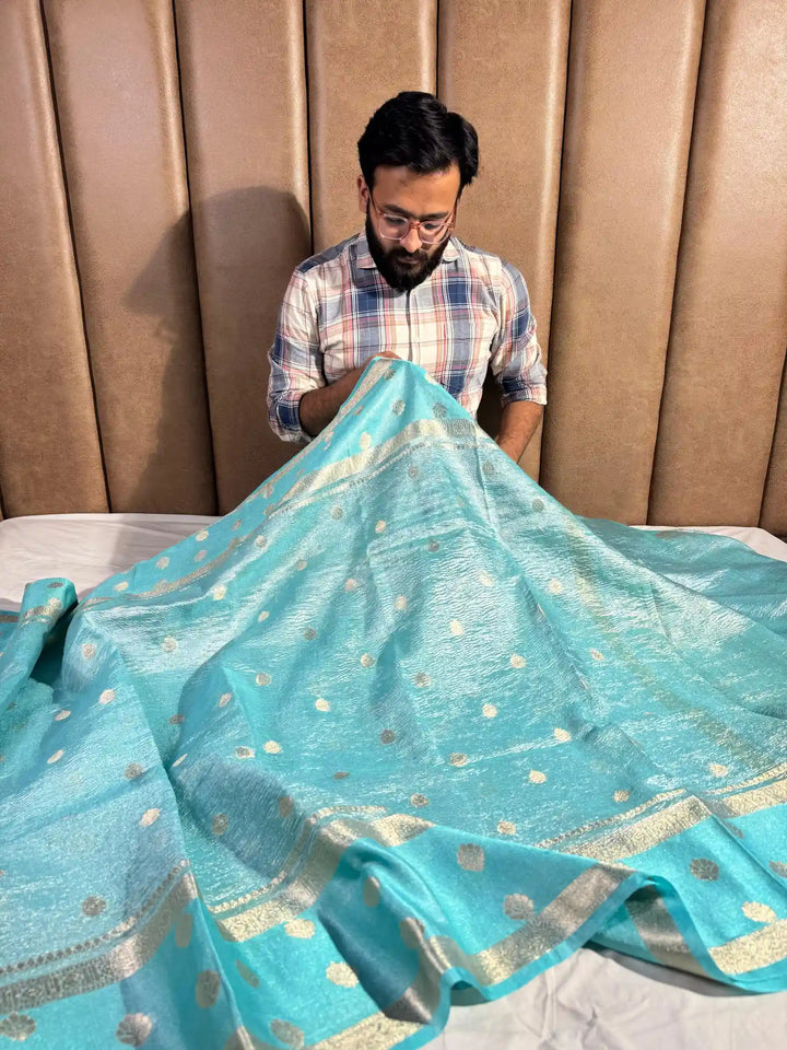 Blue Celebrity Inspired Tissue Silk Buti Banarasi Saree