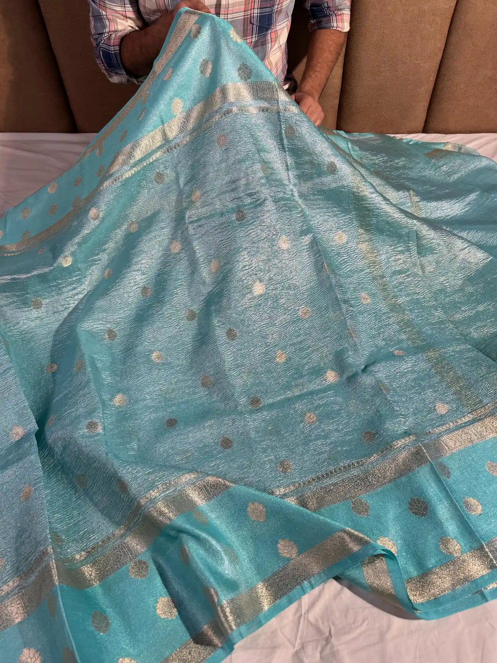 Blue Celebrity Inspired Tissue Silk Buti Banarasi Saree
