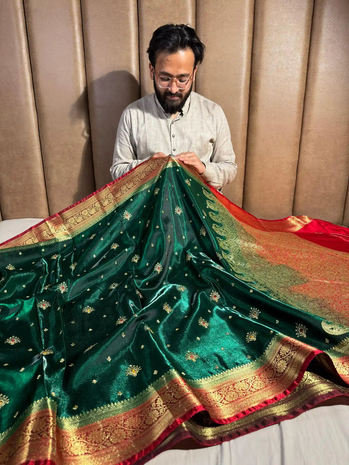 Bottle Green Banarasi Satin Katan Silk Saree with Embroidery Work