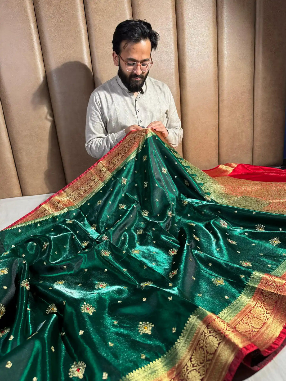 Bottle Green Banarasi Satin Katan Silk Saree with Embroidery Work