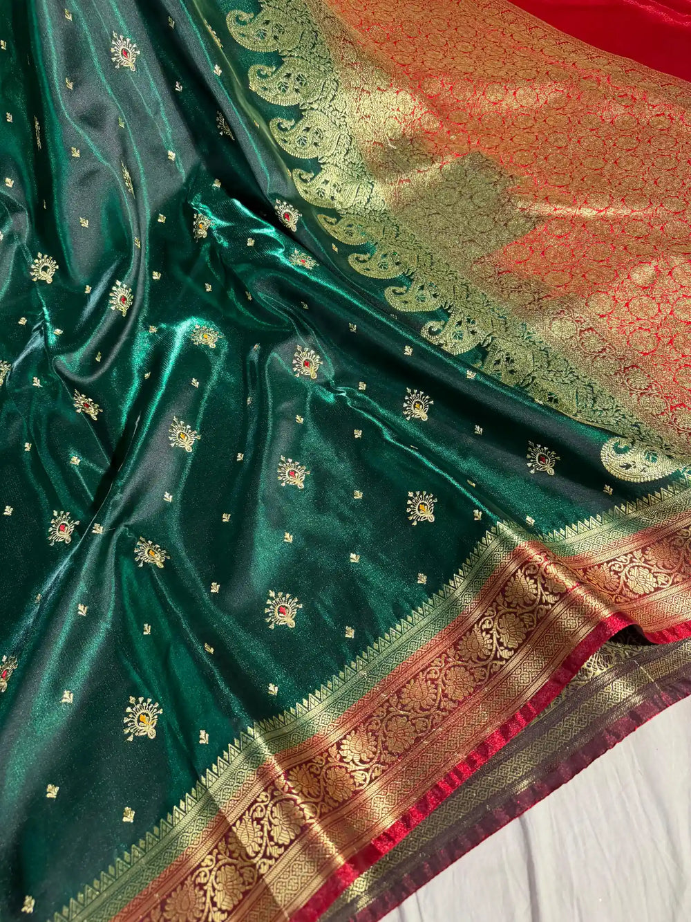 Bottle Green Banarasi Satin Katan Silk Saree with Embroidery Work