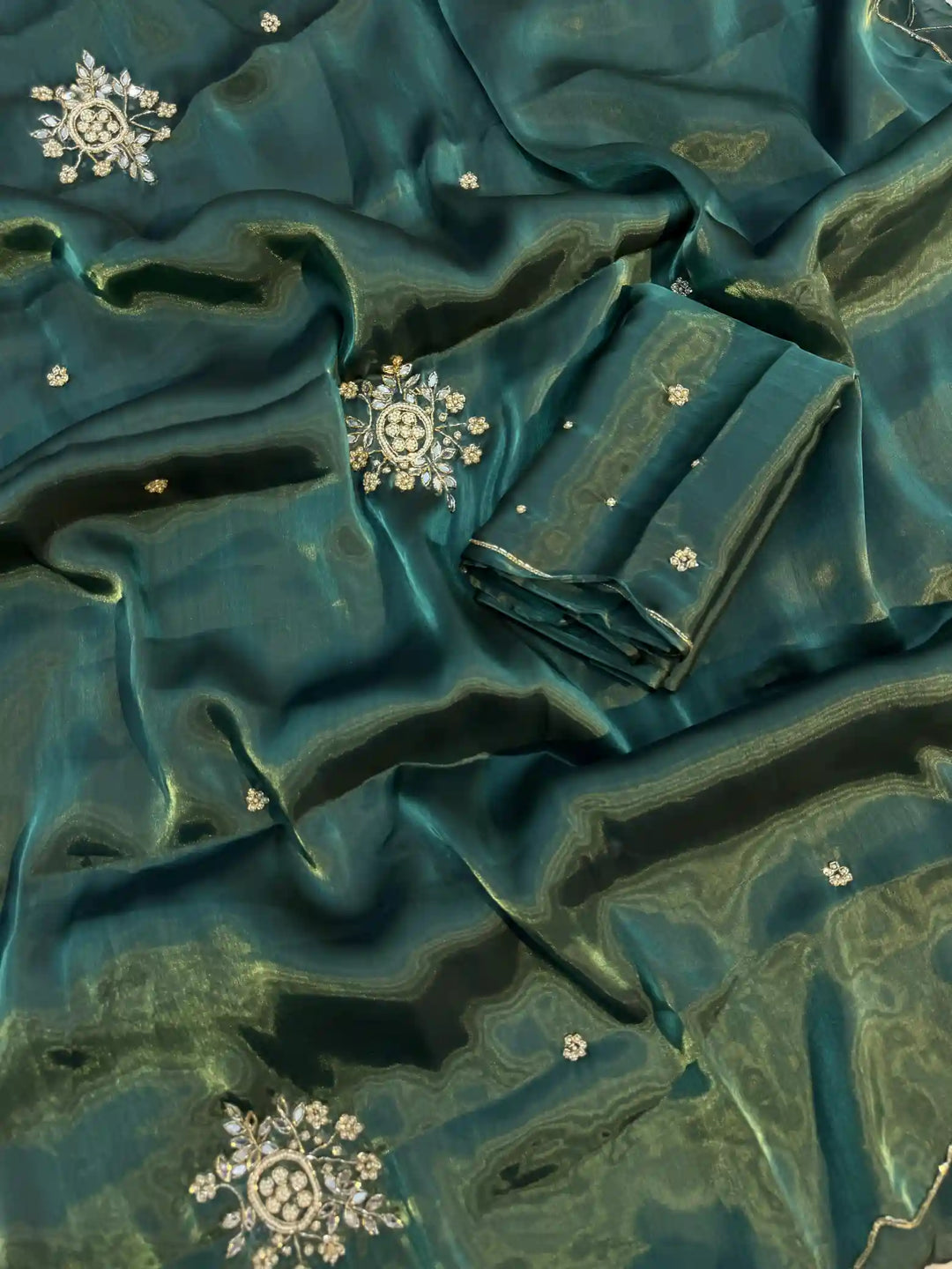 Bottle Green Shimmery Tissue Handwork Saree