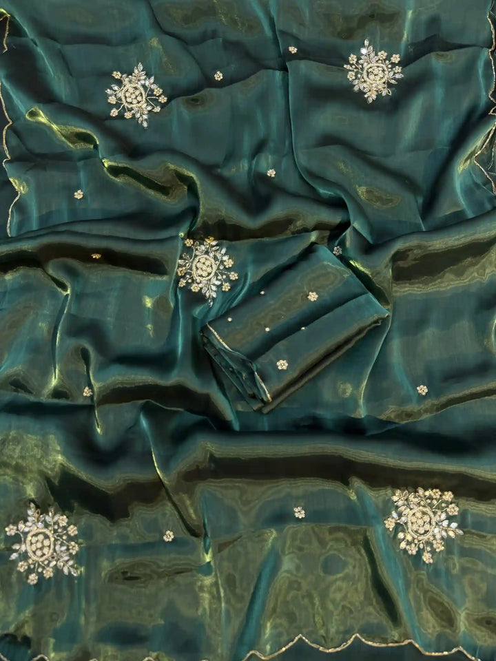 Bottle Green Shimmery Tissue Handwork Saree