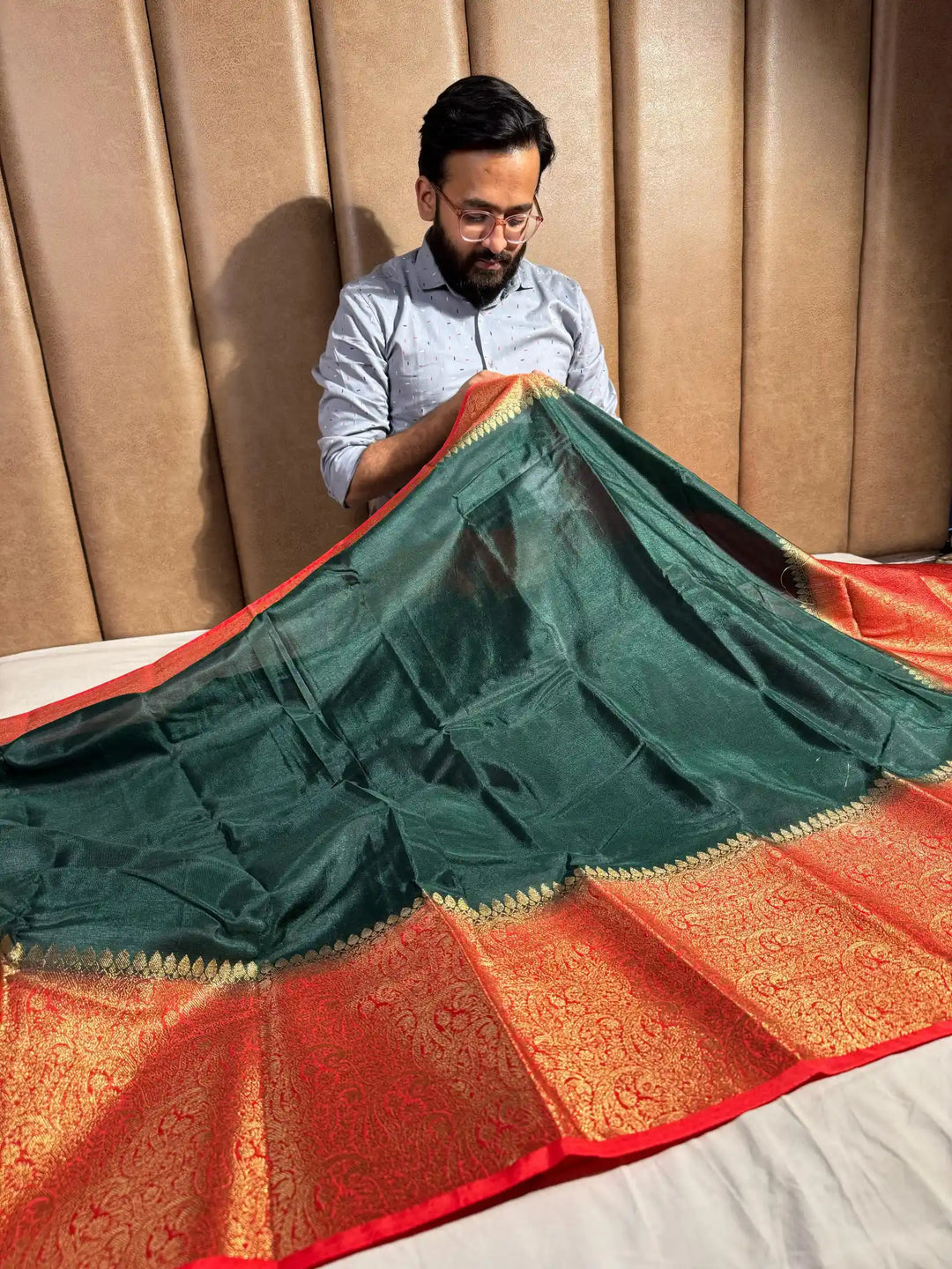 Bottle Green Warm Silk Banarasi Saree with Rich Pallu and Blouse