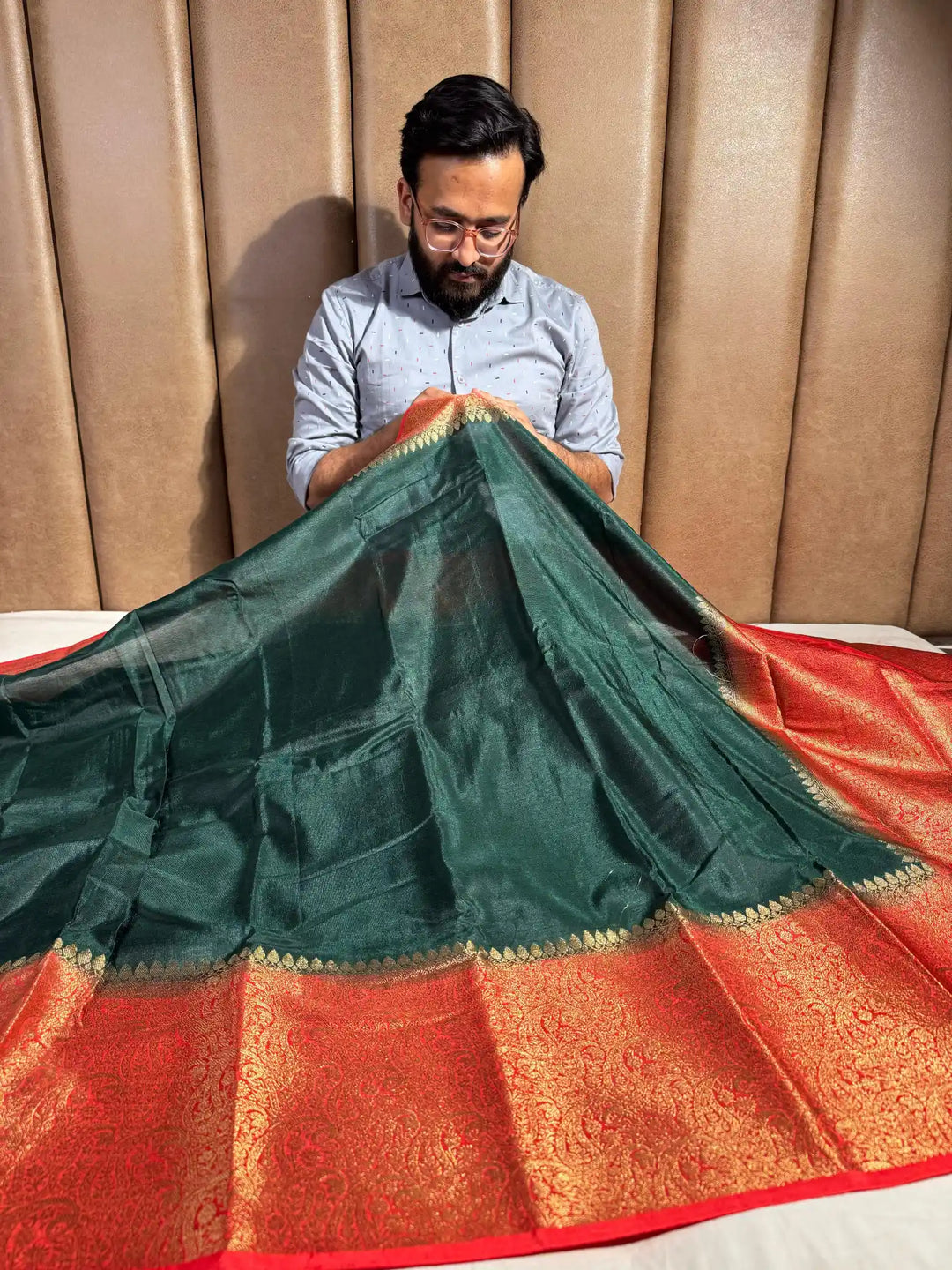 Bottle Green Warm Silk Banarasi Saree with Rich Pallu and Blouse