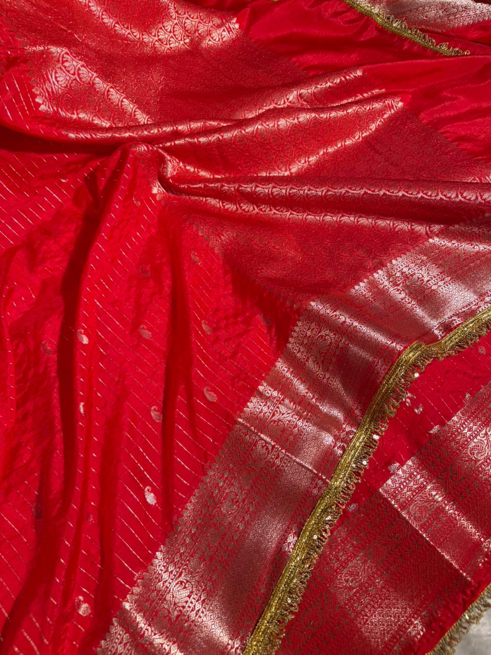 Bridal Red Chinia Silk Designer Lace Work Banarasi saree