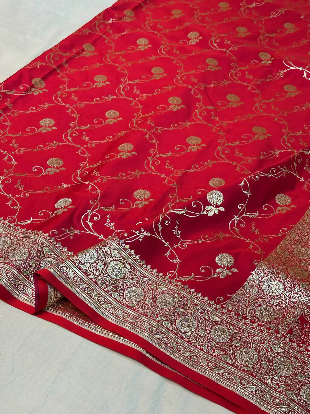 Bridal Red Satin Silk Saree with Rich Texture Design and Classical Pallu