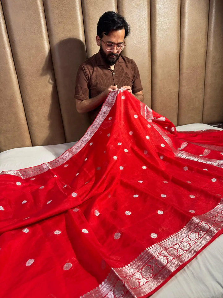 Bridal Red Semi Khaddi Chiffon Silk Saree with Rich Pallu and Blouse