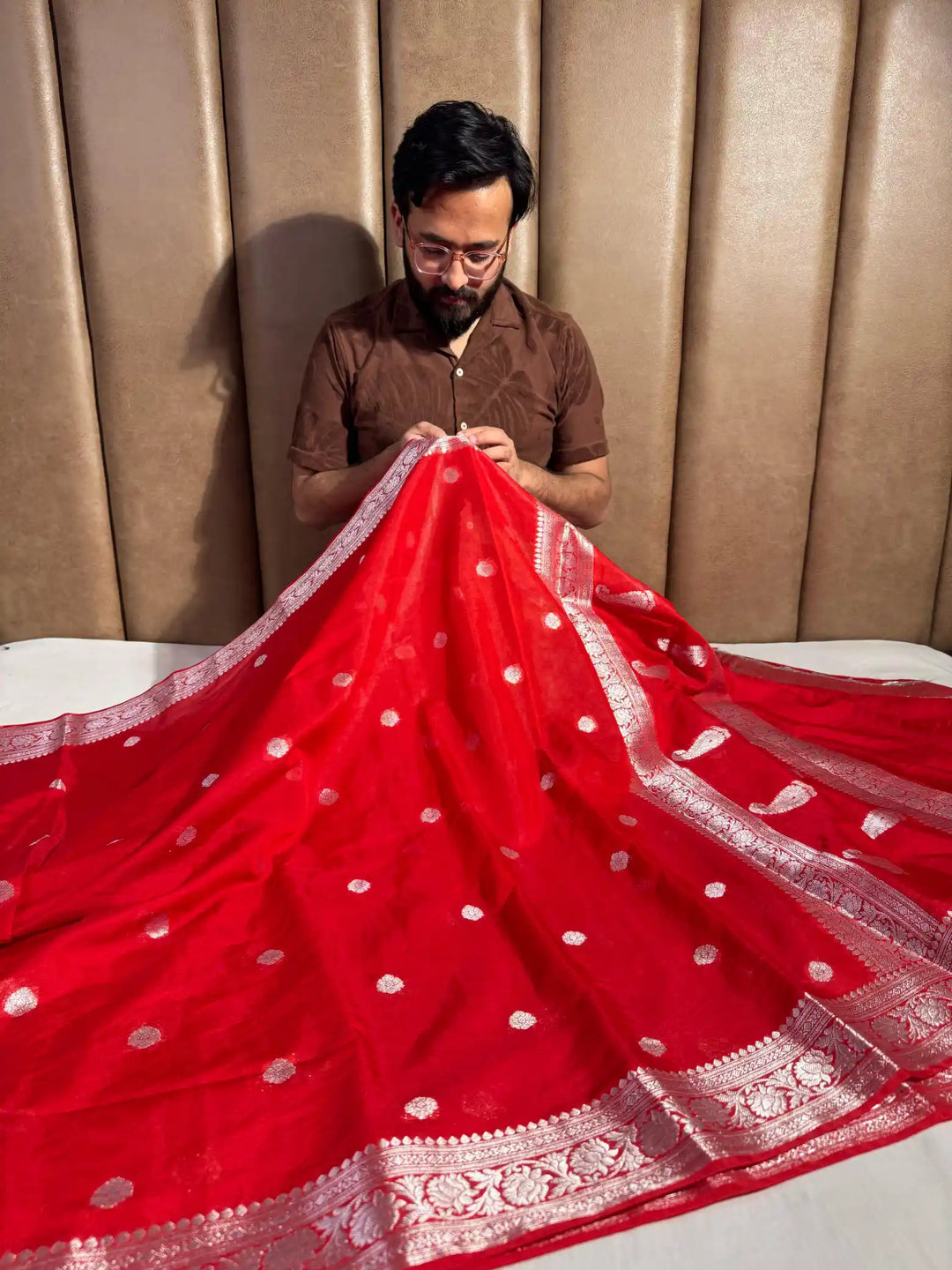Bridal Red Semi Khaddi Chiffon Silk Saree with Rich Pallu and Blouse