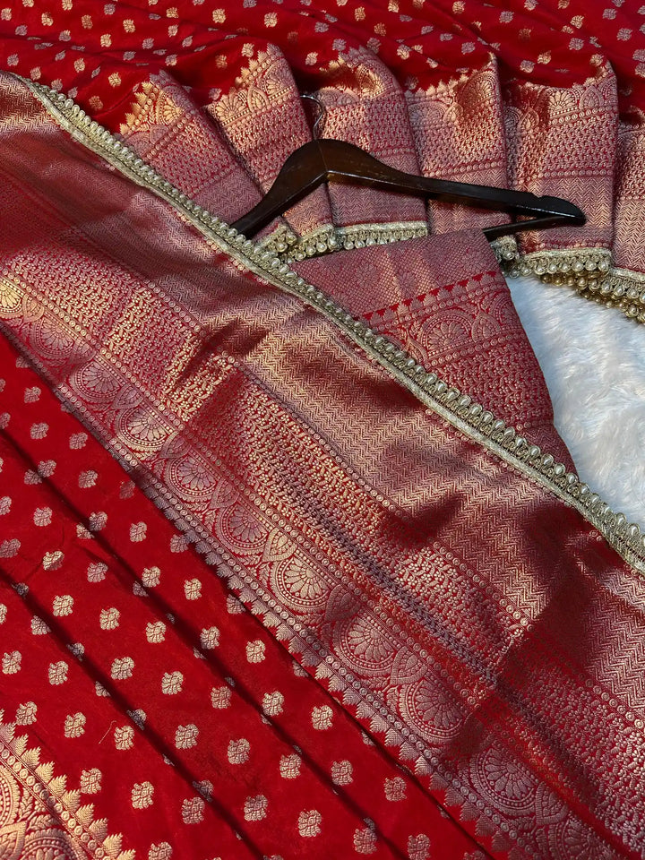 Bridal Red Chinia Silk Moti Lace Work Banarasi Saree
