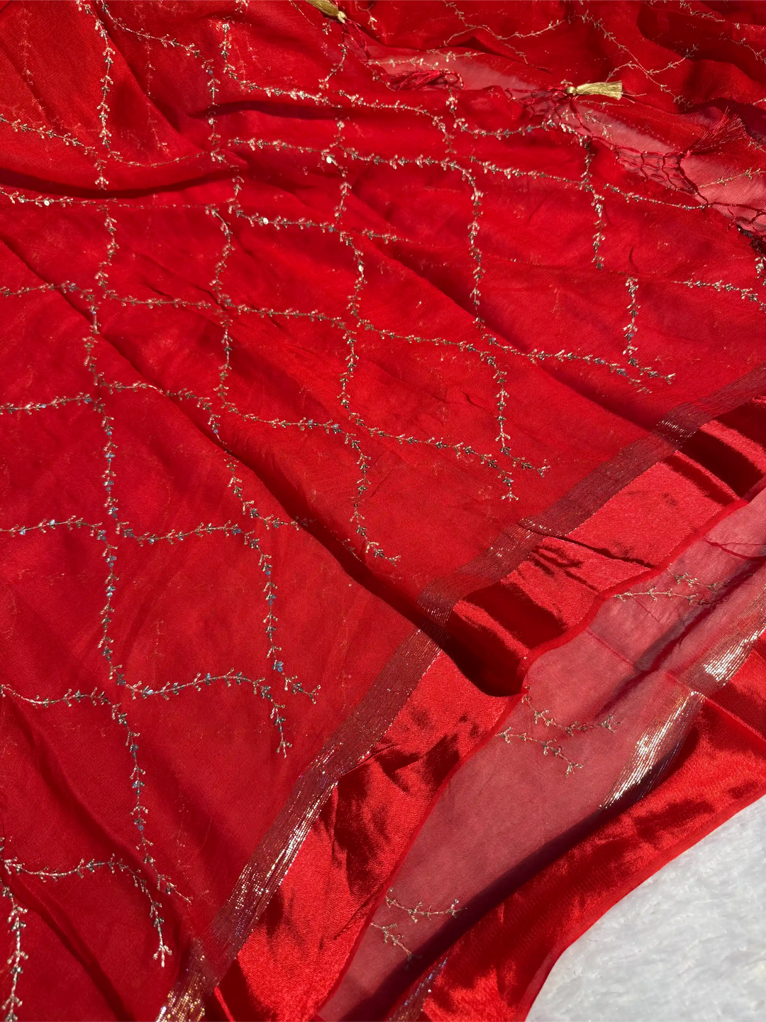 Bridal Red Viscose Georgette Silk Embroidered Saree